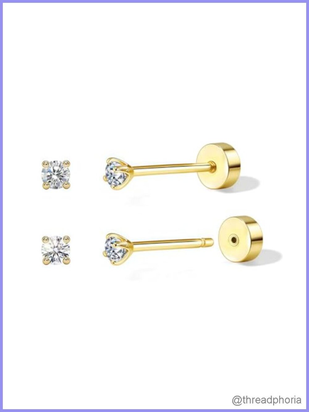 Threadless Push-in Flat Back Stud Earrings 14K Gold Silver Filled Cubic Zirconia